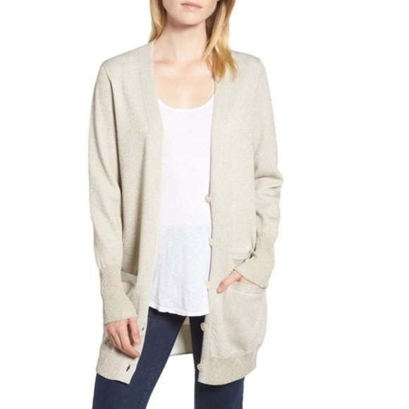 J. Crew Collection cardigan long silver XXS pocket front pockets double sparkly - Picture 2 of 6